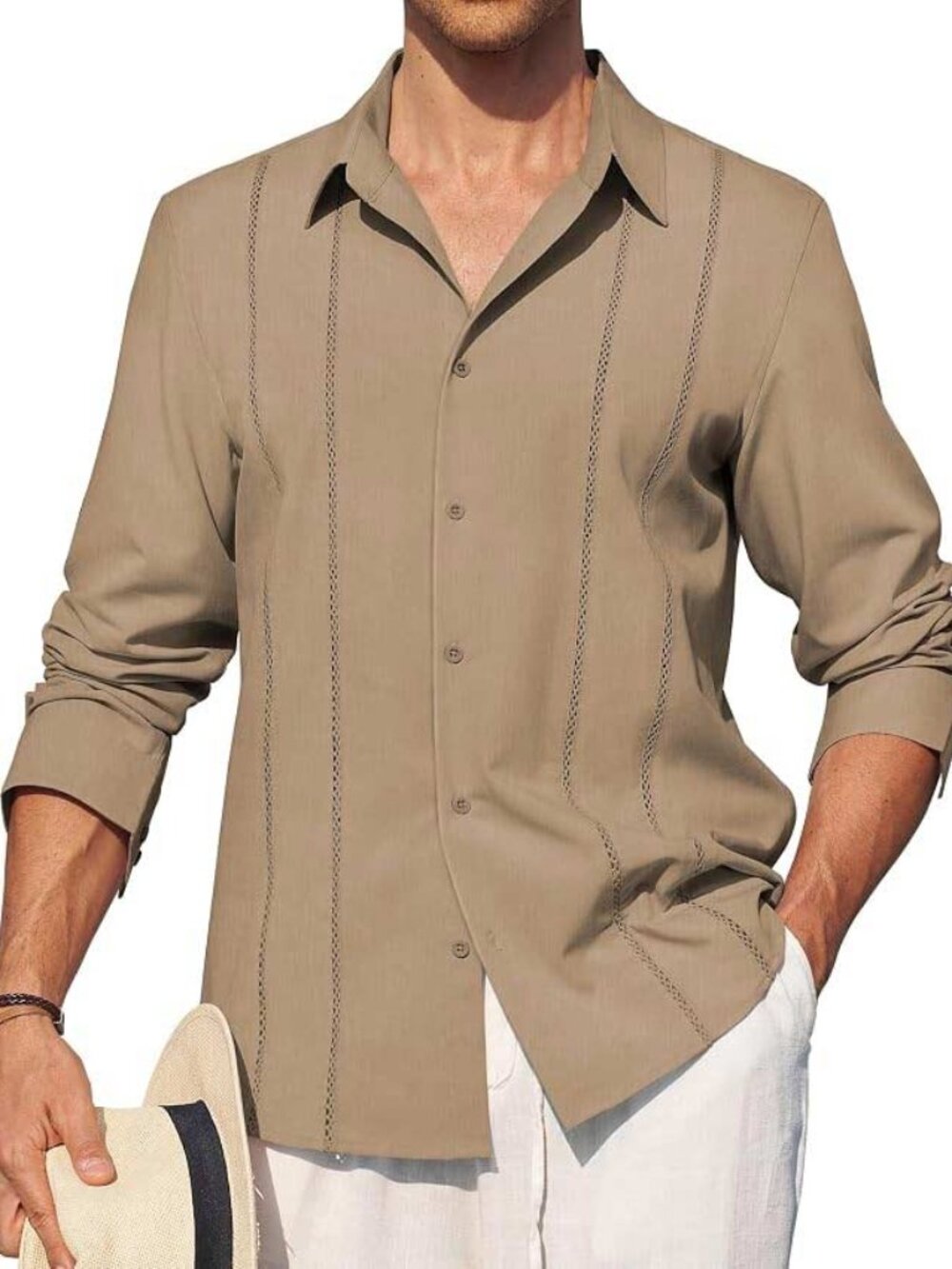 Alimens & Gentle Mens Cuban Guayabera Long Sleeve Button Down Shirt - Large